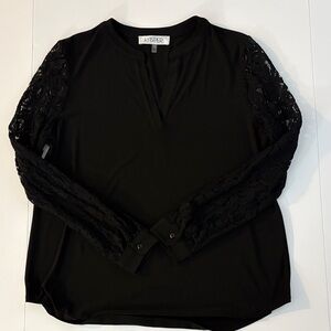 Kasper Black Lace-Sleeve Keyhole V-Neck Blouse